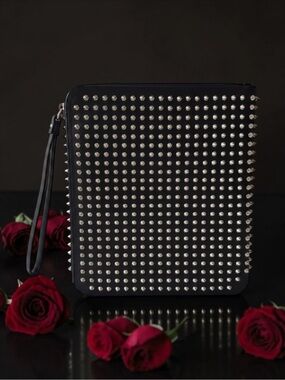 Authentic Christian Louboutin Black Studded Leather iPad Case / Clutch - LK